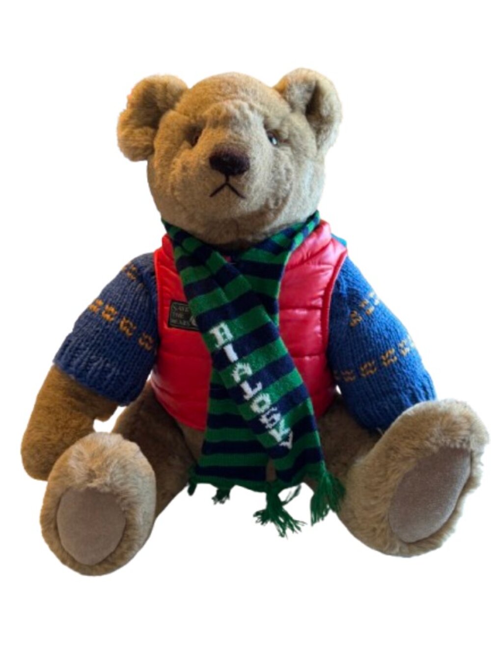 Vintage Gund Brown Bear with Red Vest Blue Sleeves and Green-Blue Striped Scarf